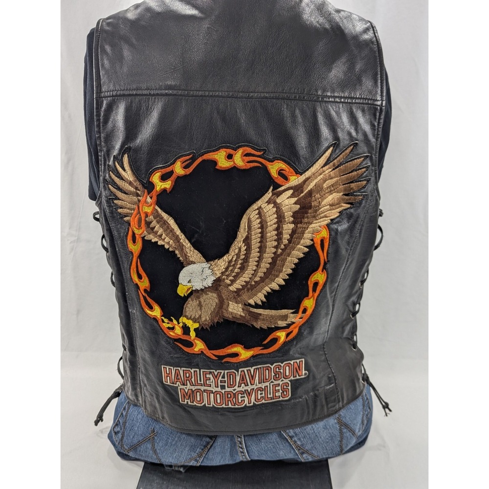 Harley Davidson Vtg Lined Leather Vest Sz MEDIUM PATCH Logo Lace Arms & Bottom
